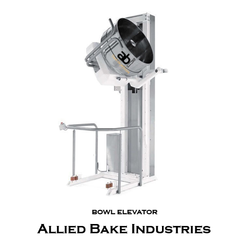 Bowl Elevator tilter lifting dough bowl above divider hopper in bakery